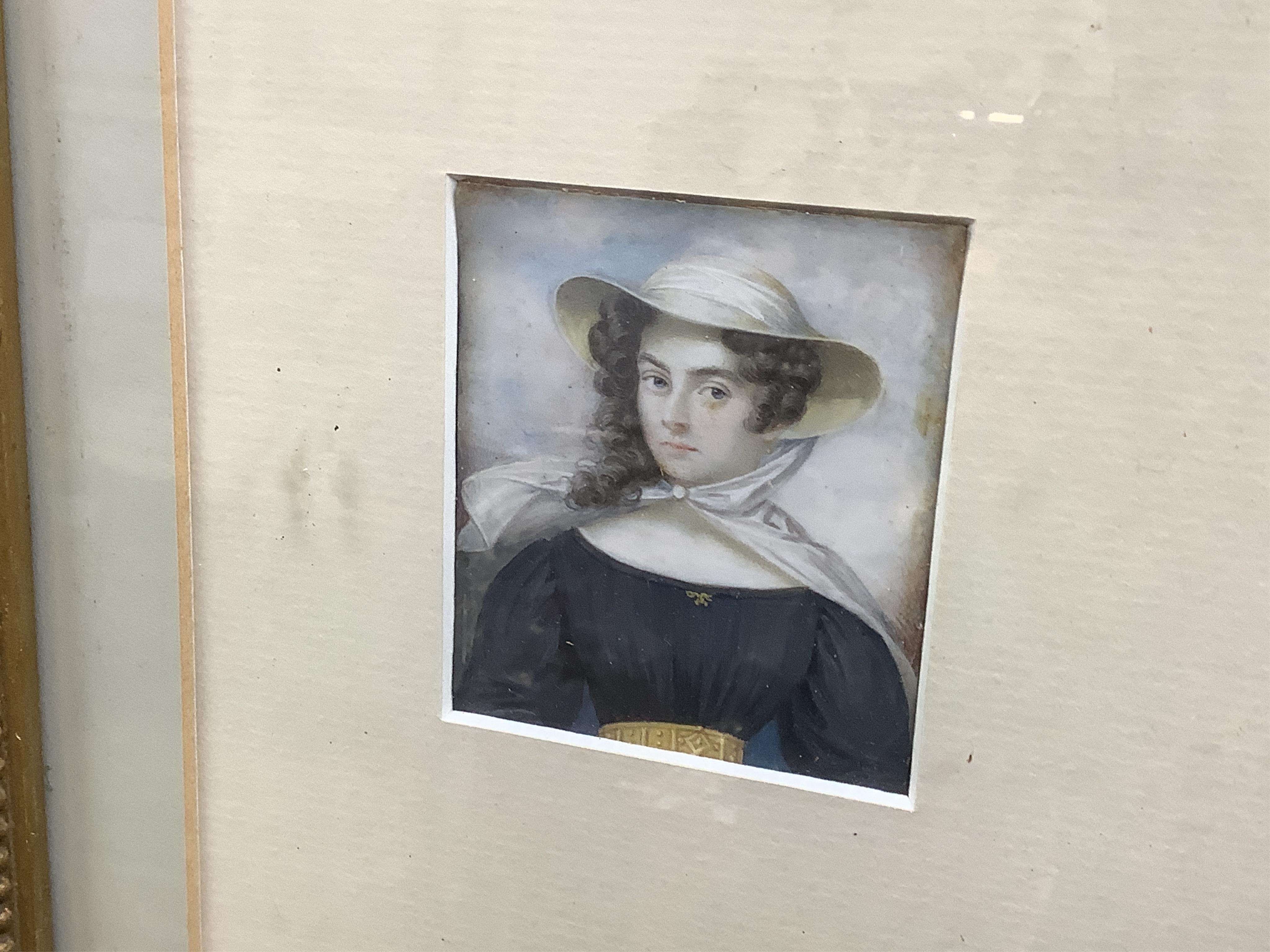 Late Regency School, Portrait miniature of a young lady wearing a bonnet, watercolour on ivory, framed, 7 x 5.5cm CITES Submission reference QG97UYFF